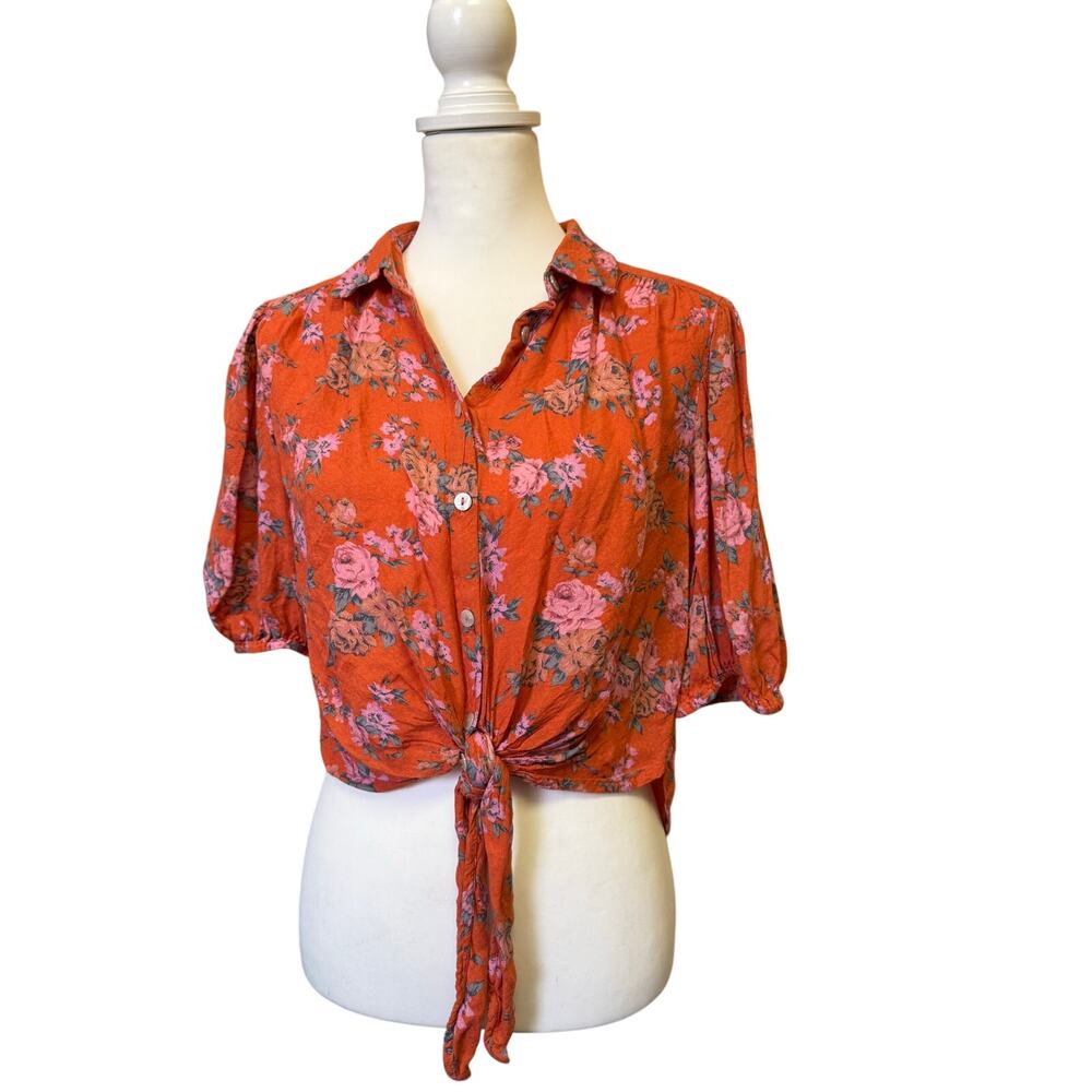 FREE PEOPLE WOMENS SMALL FLORAL TIE FRONT CROP TOP RUST ORANGE BUTTON DOWN